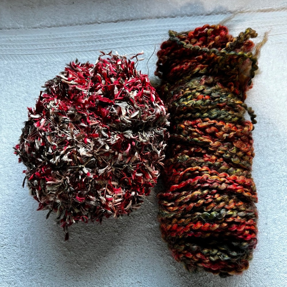 2 Skeins Novelty Yarn Burgundy Orange Eyelash & Roving Wool Blend
